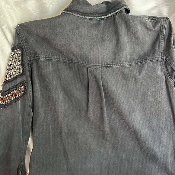Free People Charcoal Denim Beaded Arm Patch Military Style Jacket - Picture 11 of 11